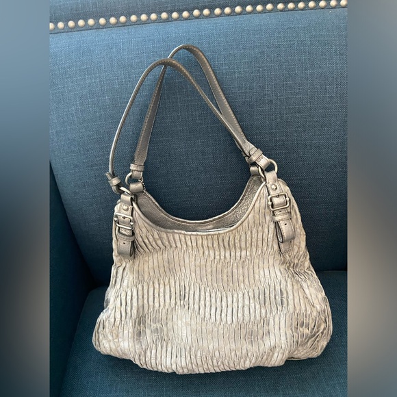 Coach Madison Gathered Sateen Signature Coach Logo Gray & Mettalic Silver Bag - Picture 5 of 16